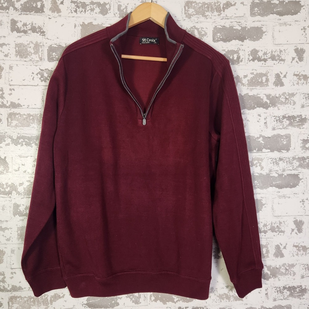 St Croix Mens‎ Burgundy Quarter Zip Sweater Medium Cotton Blend Made in USA